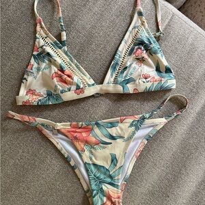 Rhythm Tropical Floral Bikini Set - Cream and Green